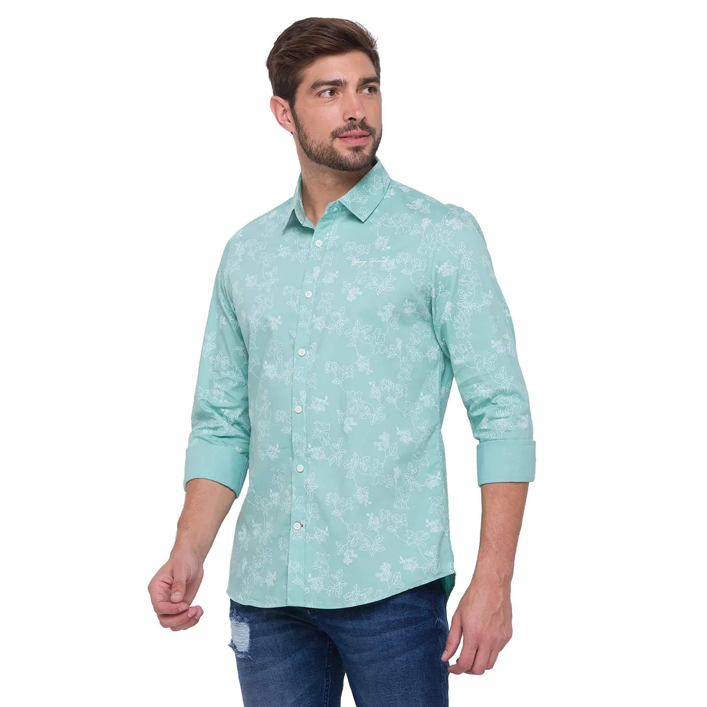 Green Slim Straight Fit Regular Collar Long Sleeves Cotton Men's Shirt by Being Human Clothing - Image 3