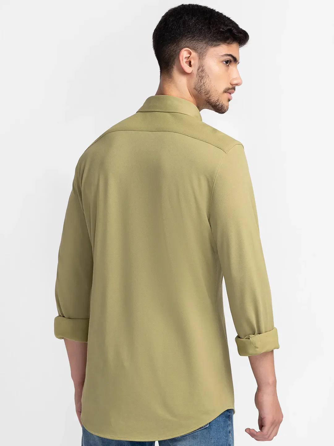 Olive Slim Straight Fit Regular Collar Long Sleeves Cotton Men's Shirt by Being Human Clothing - Image 2