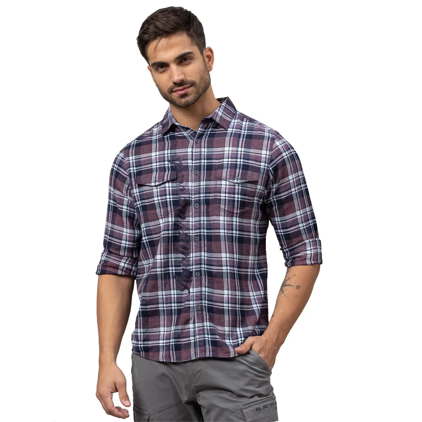 Red Slim Straight Fit Regular Collar Long Sleeves Cotton Men's Shirt by Being Human Clothing