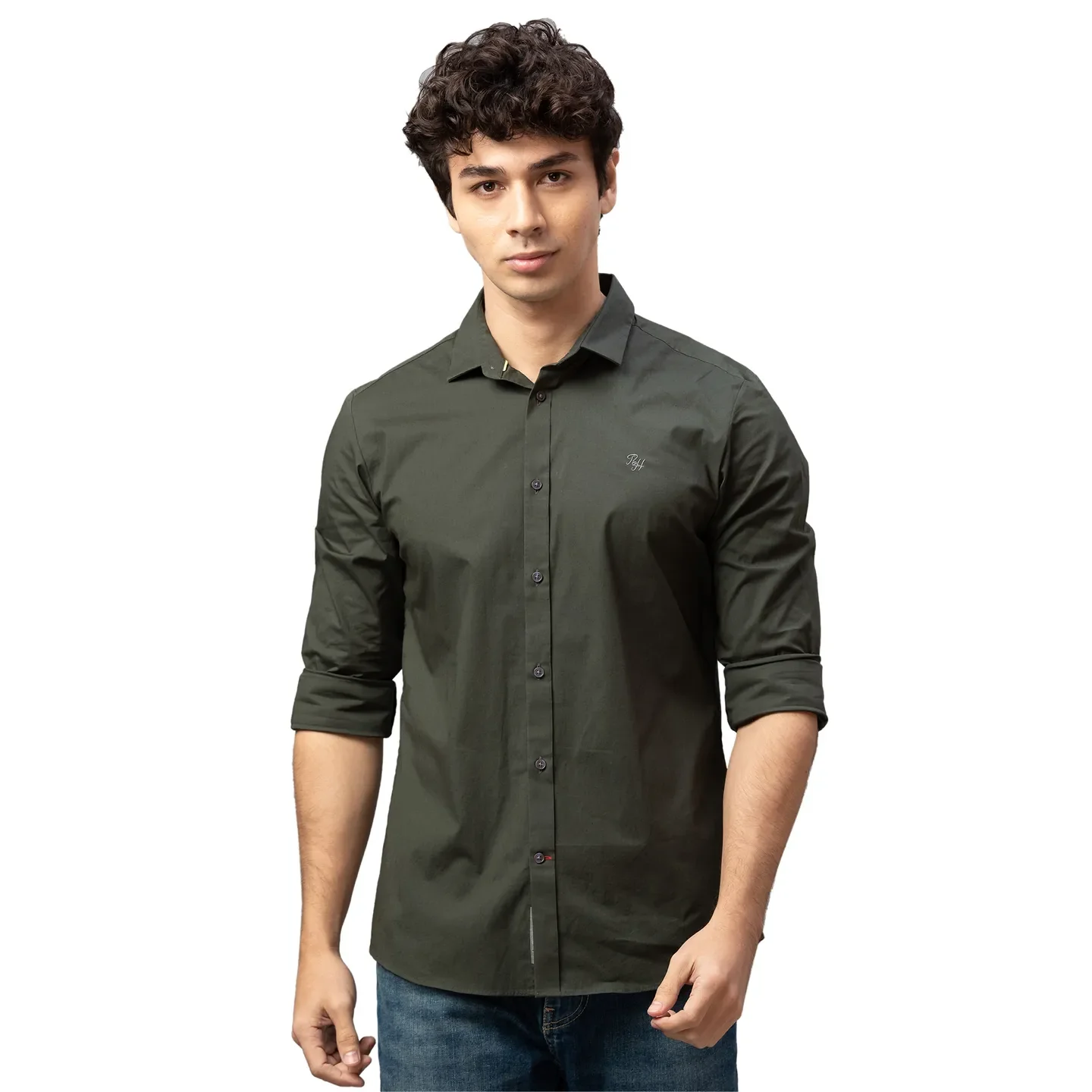 Green Skinny Straight Fit Regular Collar Long Sleeves Cotton Men's Shirt by Being Human Clothing