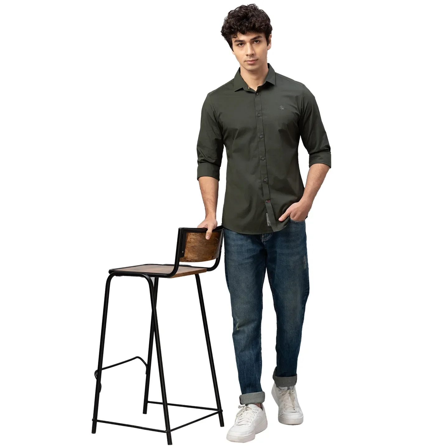 Green Skinny Straight Fit Regular Collar Long Sleeves Cotton Men's Shirt by Being Human Clothing - Image 5