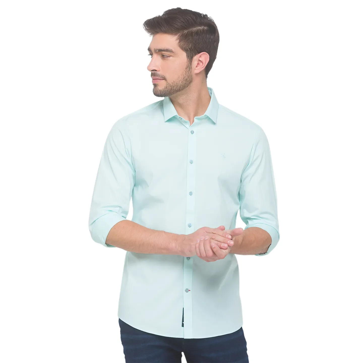 Green Slim Straight Fit Regular Collar Long Sleeves Cotton Men's Shirt by Being Human Clothing