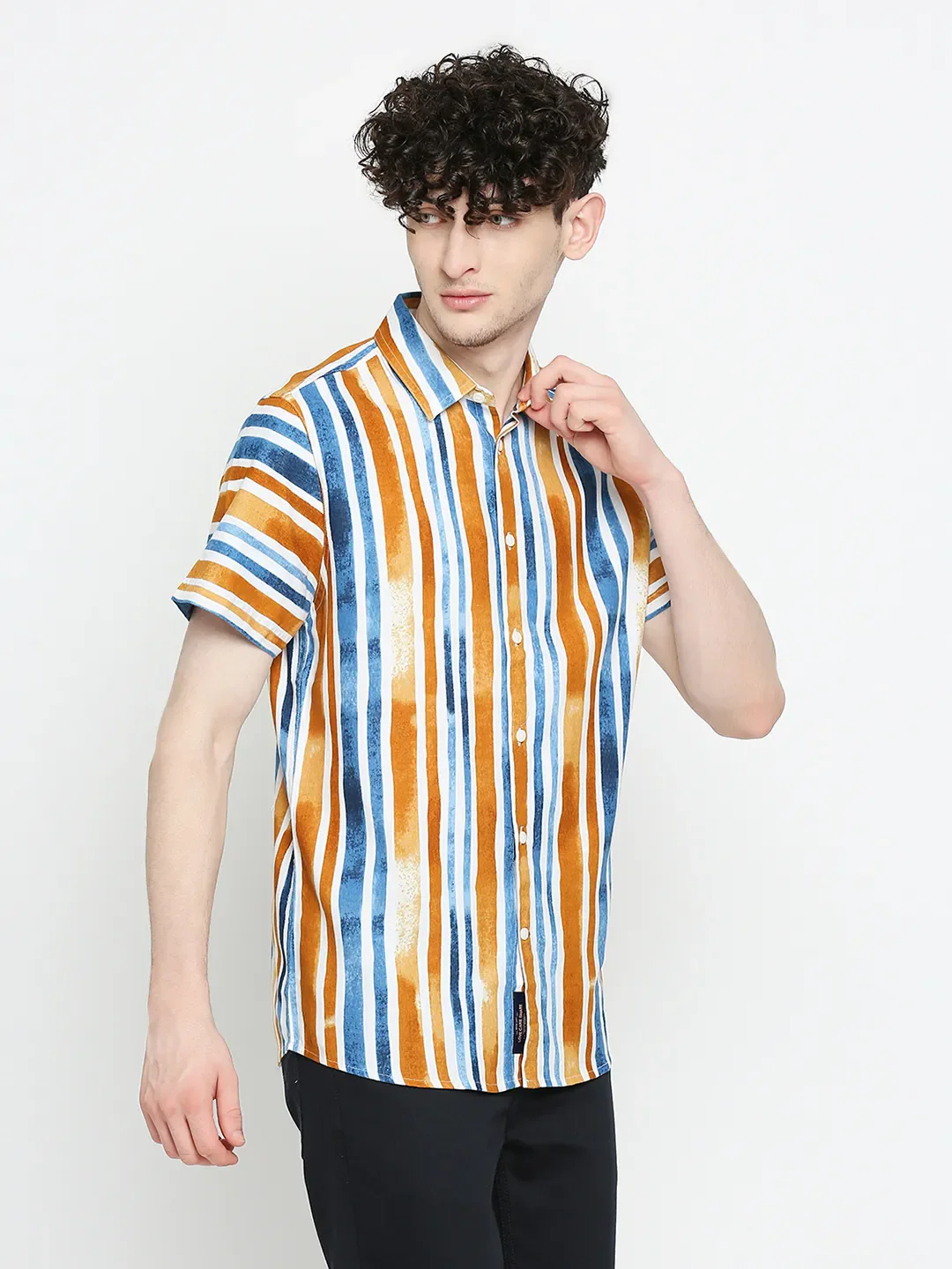 Yellow Slim Straight Fit Regular Collar Short Sleeves Cotton Men's Shirt by Being Human Clothing - Image 3
