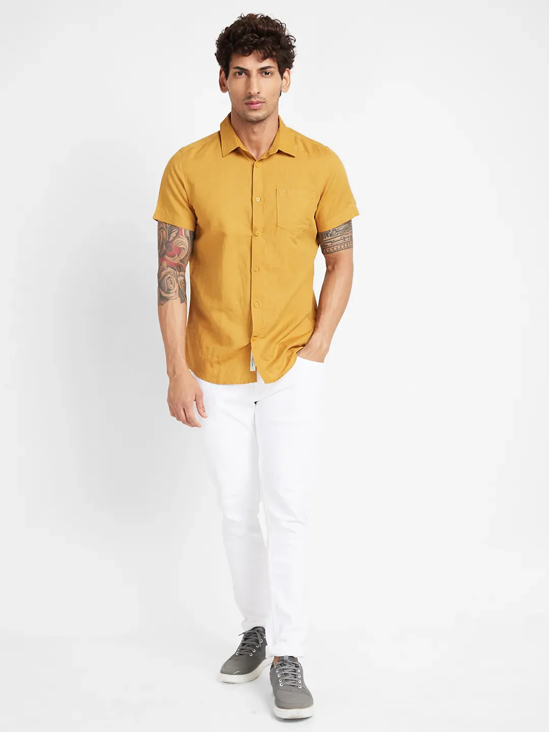 Yellow Slim Straight Fit Regular Collar Short Sleeves Men's Shirt by Being Human Clothing - Image 5