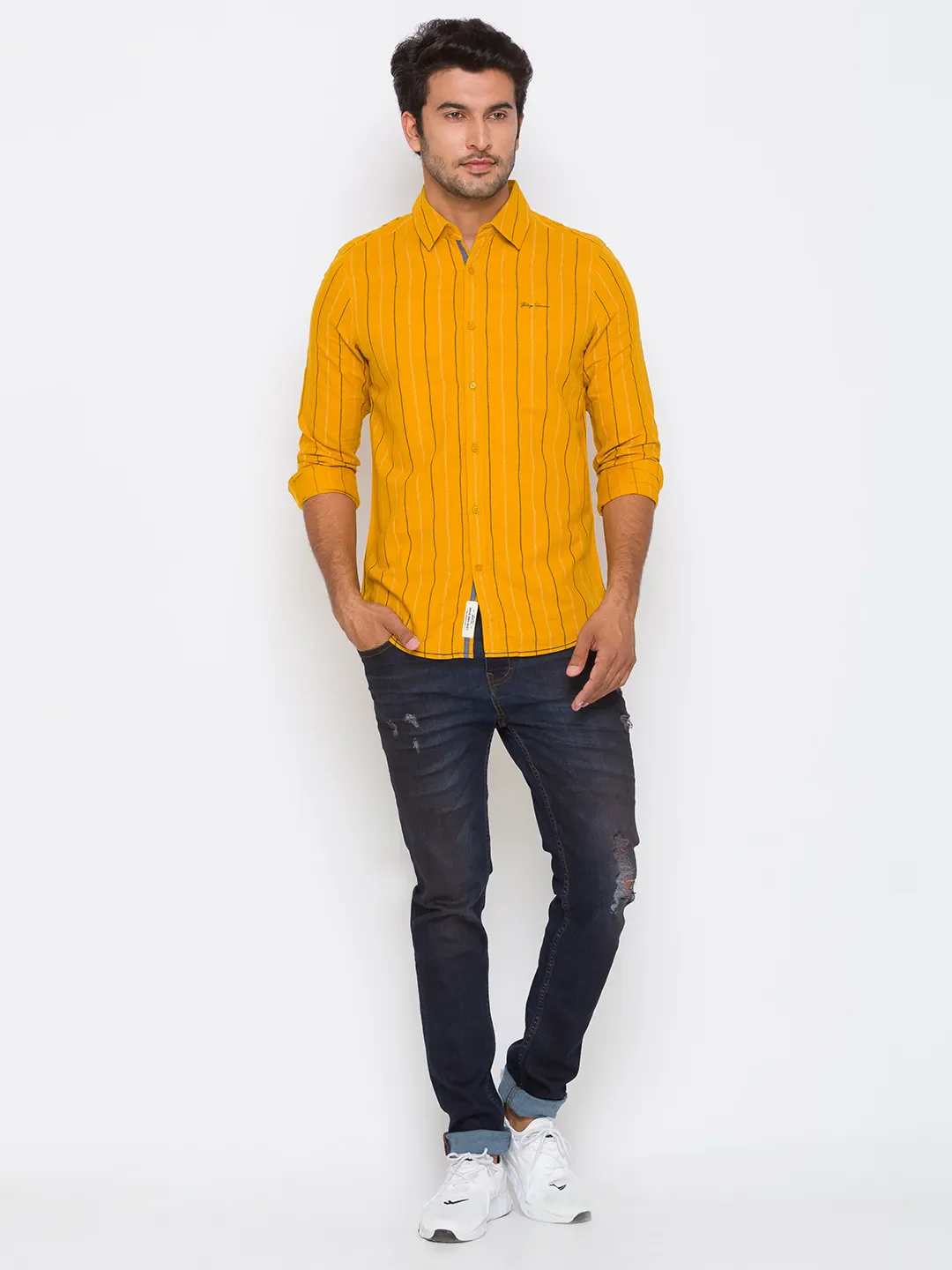 Yellow Slim Straight Fit Regular Collar Long Sleeves Cotton Men's Shirt by Being Human Clothing - Image 5