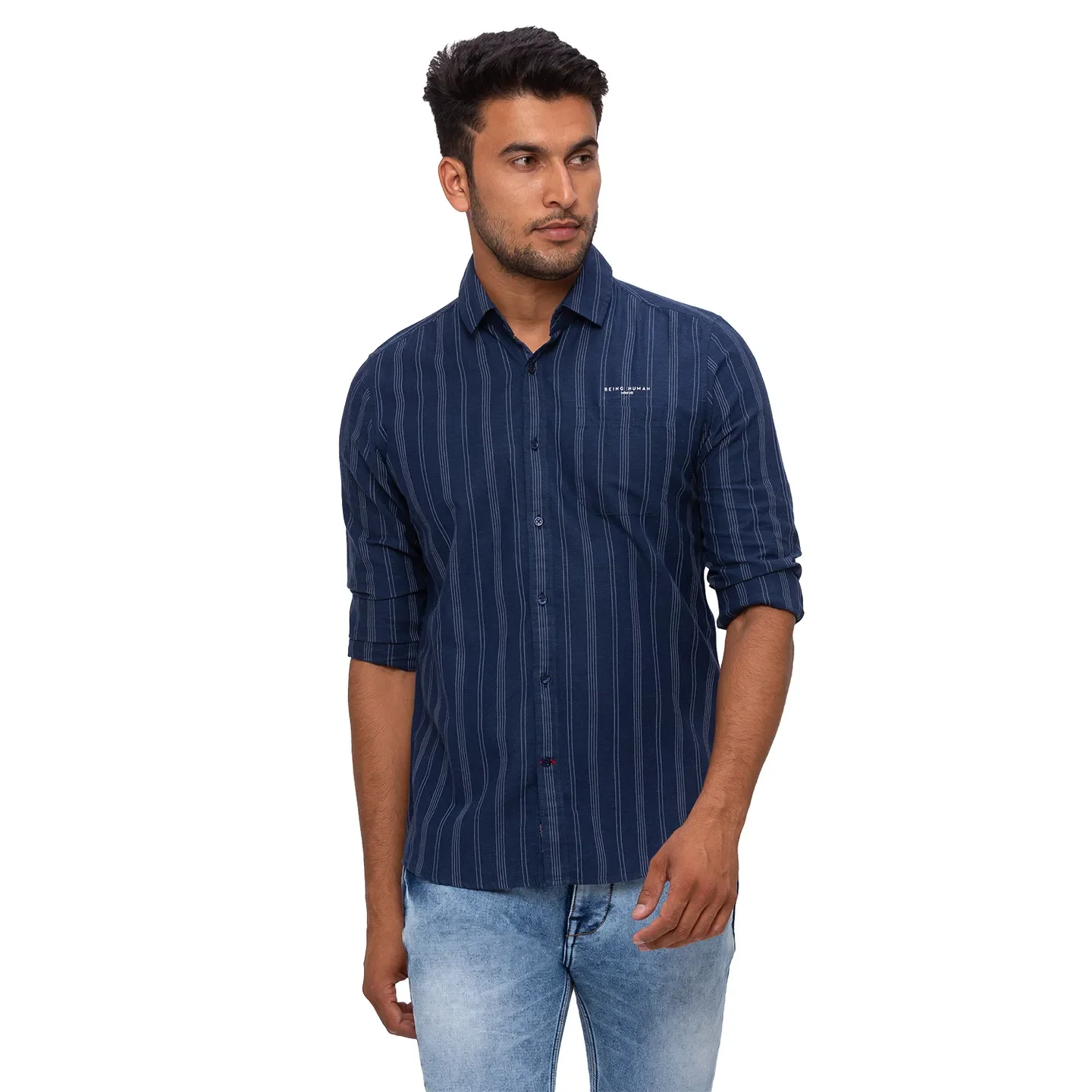 Blue Slim Straight Fit Regular Collar Long Sleeves Cotton Men's Shirt by Being Human Clothing