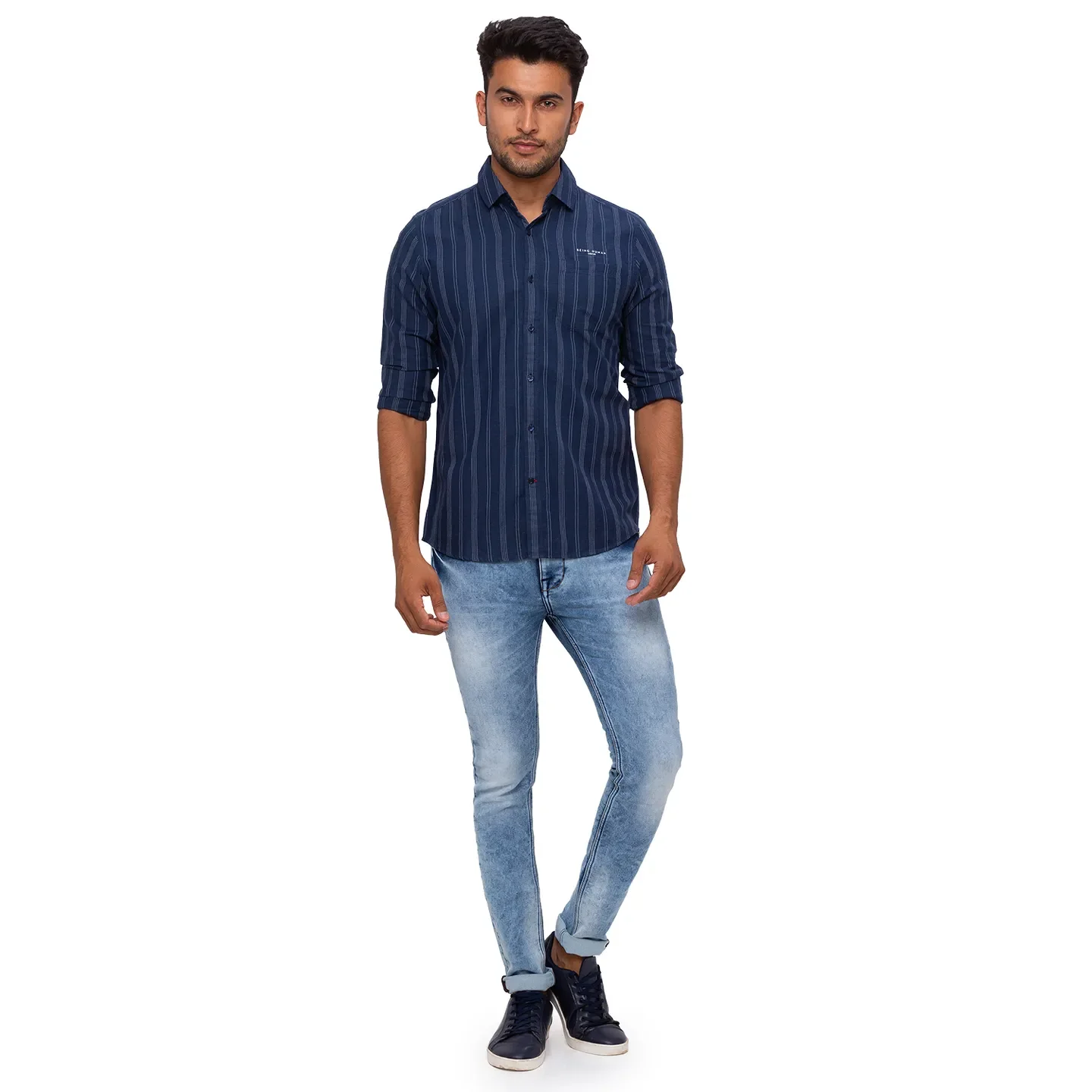 Blue Slim Straight Fit Regular Collar Long Sleeves Cotton Men's Shirt by Being Human Clothing - Image 2