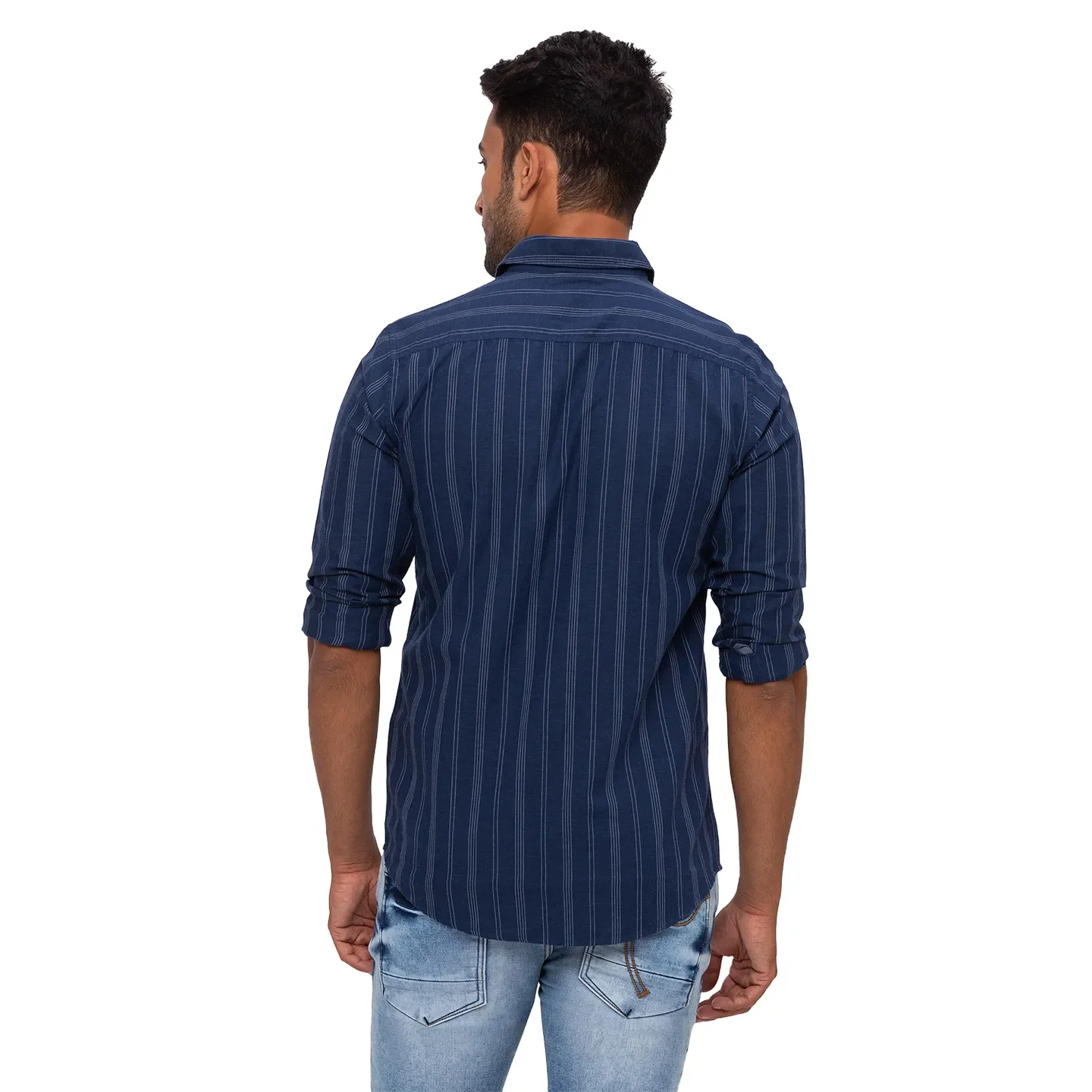 Blue Slim Straight Fit Regular Collar Long Sleeves Cotton Men's Shirt by Being Human Clothing - Image 3