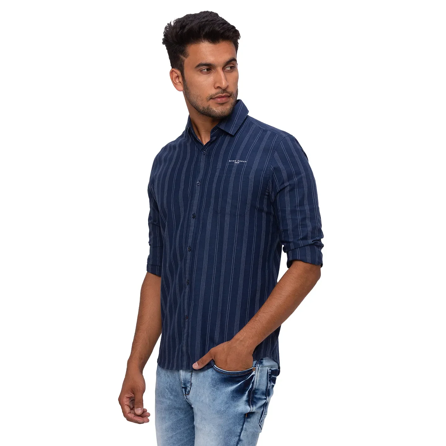 Blue Slim Straight Fit Regular Collar Long Sleeves Cotton Men's Shirt by Being Human Clothing - Image 4