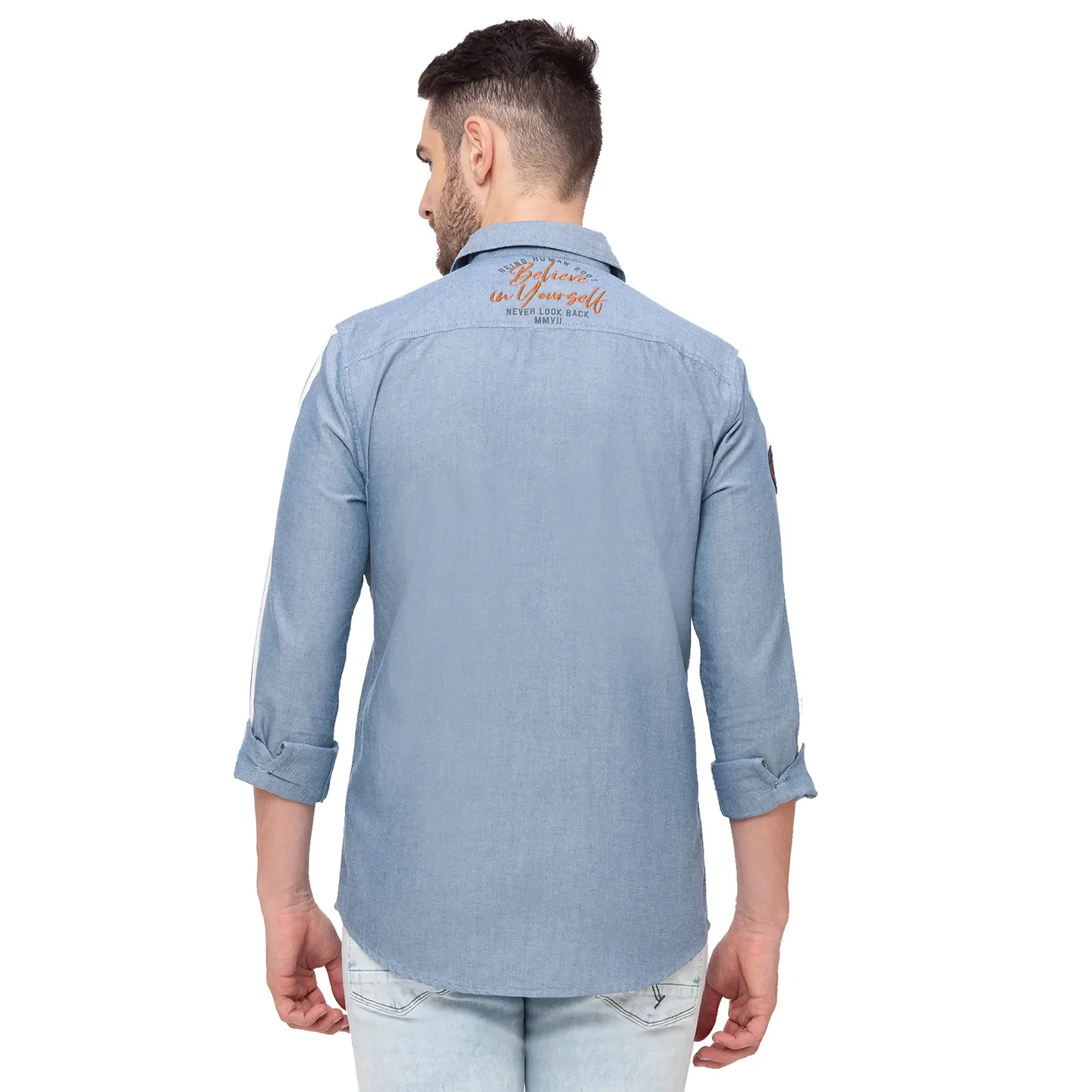 Blue Slim Straight Fit Regular Collar Long Sleeves Cotton Men's Shirt by Being Human Clothing - Image 2
