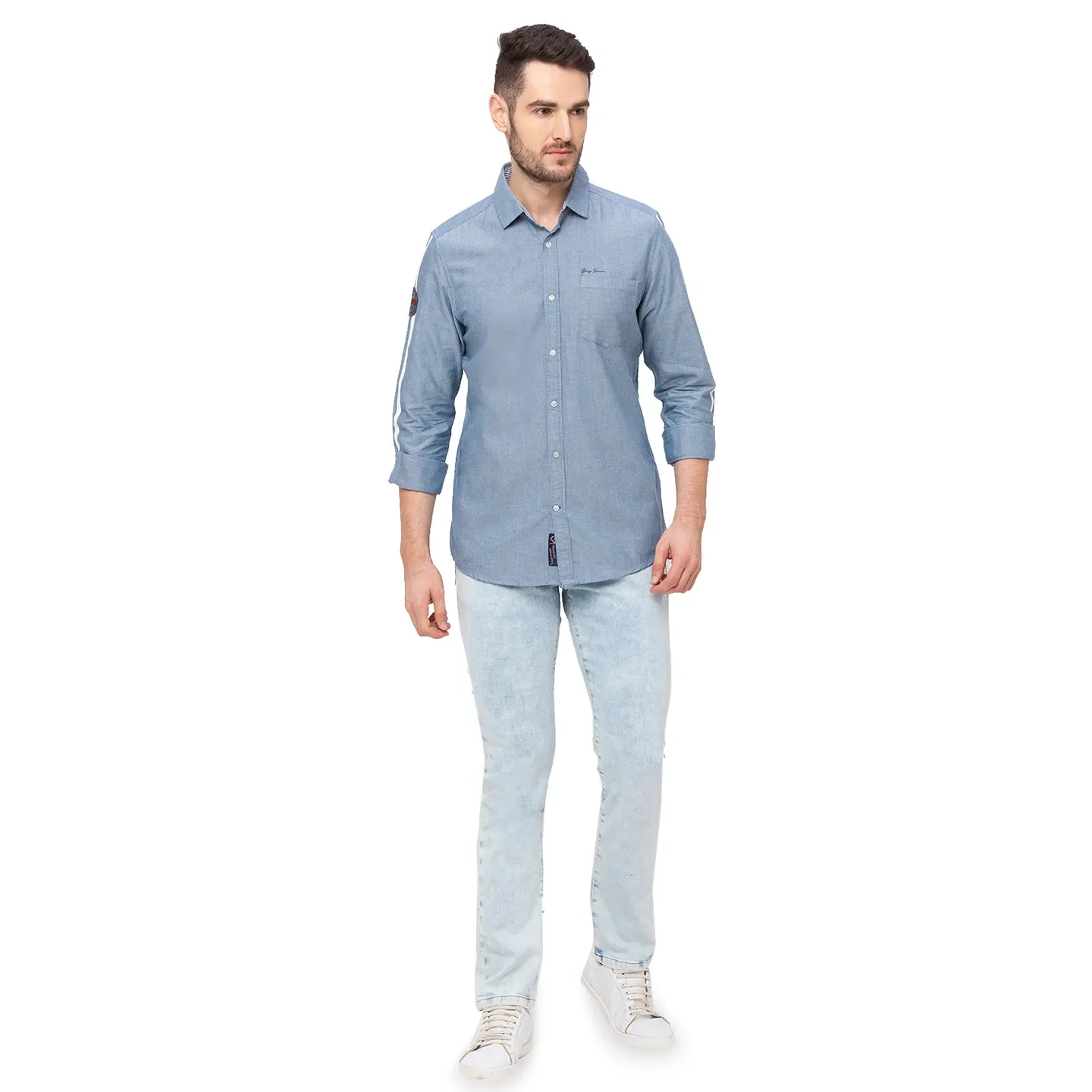 Blue Slim Straight Fit Regular Collar Long Sleeves Cotton Men's Shirt by Being Human Clothing - Image 5