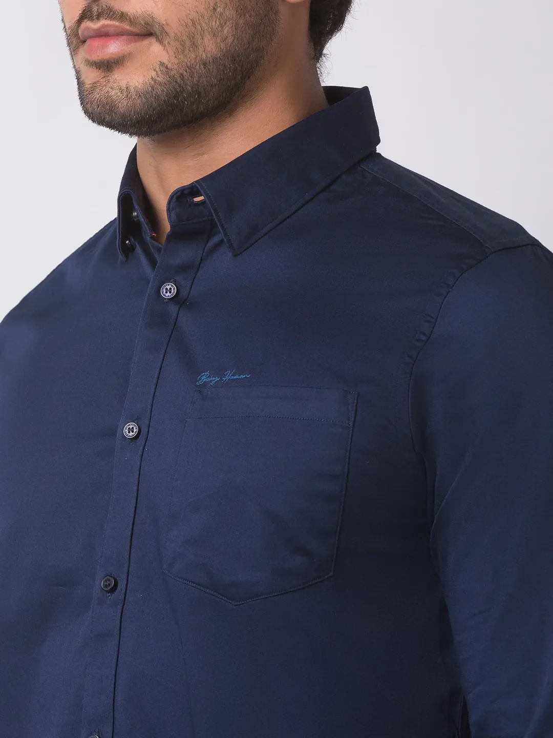Blue Slim Straight Fit Regular Collar Long Sleeves Cotton Men's Shirt by Being Human Clothing - Image 3
