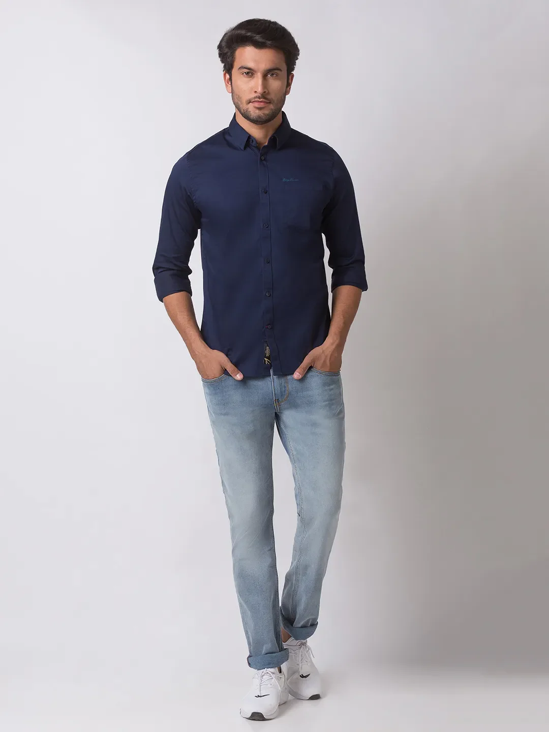 Blue Slim Straight Fit Regular Collar Long Sleeves Cotton Men's Shirt by Being Human Clothing - Image 5