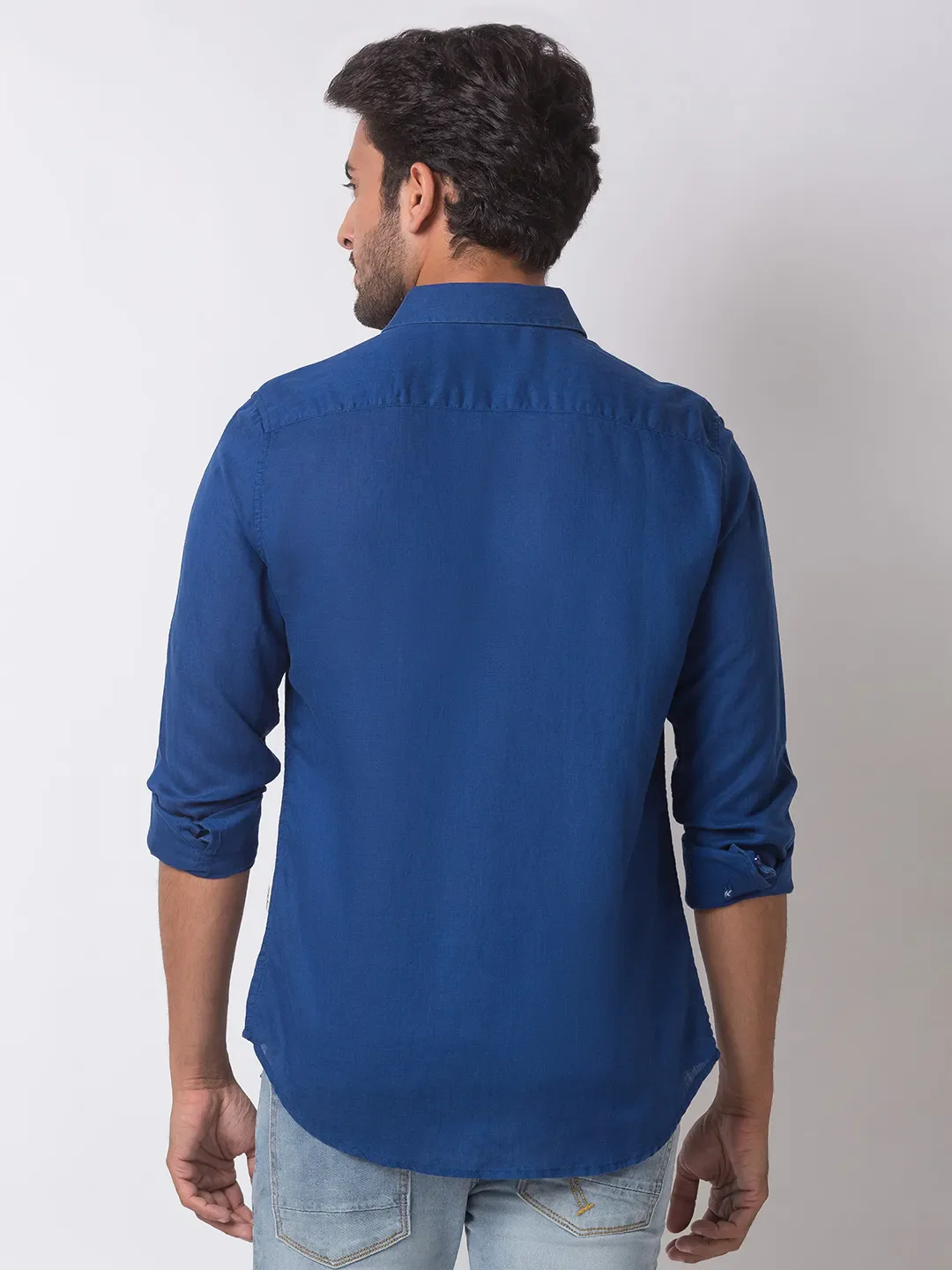 Blue Slim Straight Fit Regular Collar Long Sleeves Cotton Men's Shirt by Being Human Clothing - Image 4