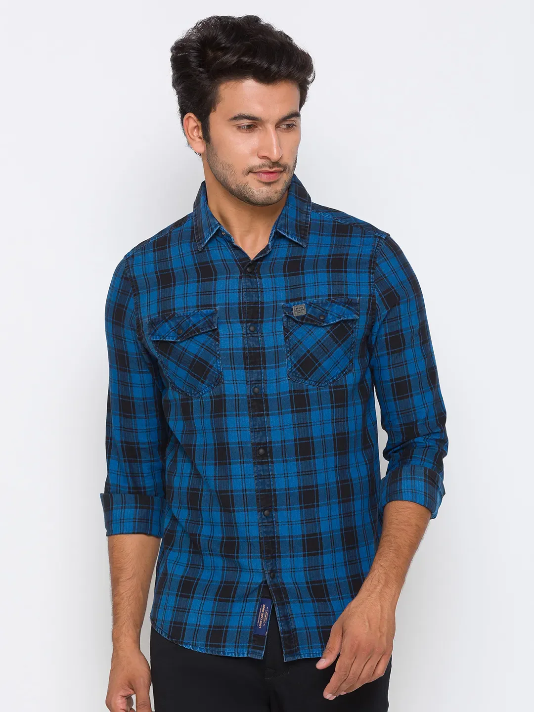 Blue Slim Straight Fit Regular Collar Long Sleeves Cotton Men's Shirt by Being Human Clothing