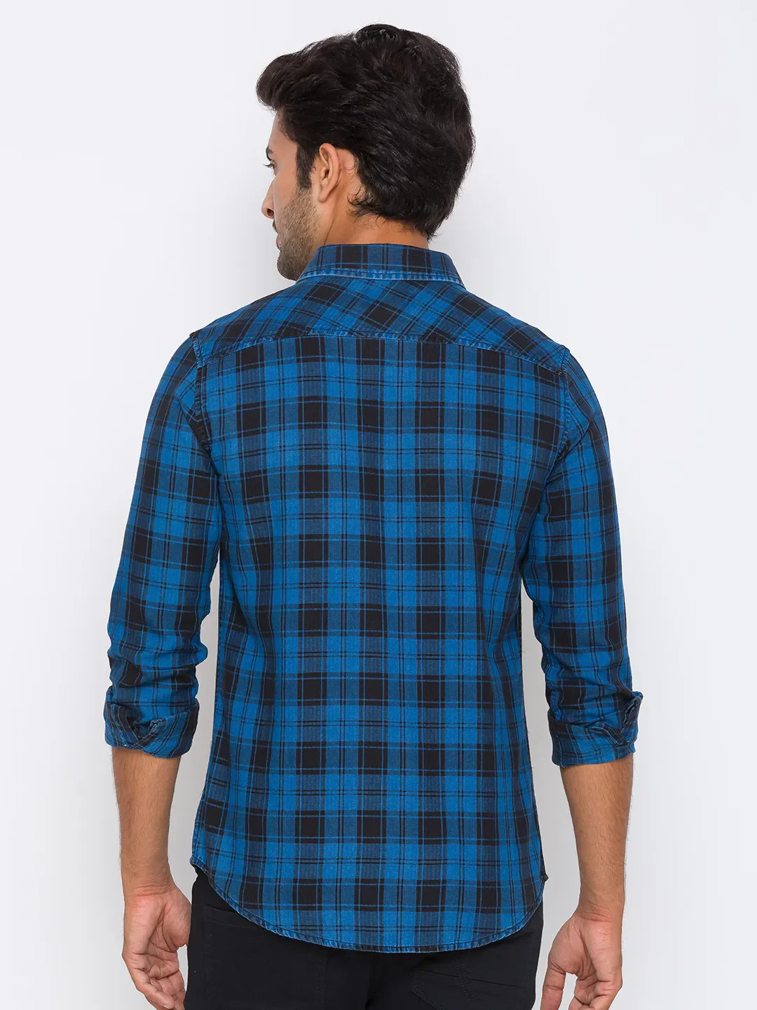 Blue Slim Straight Fit Regular Collar Long Sleeves Cotton Men's Shirt by Being Human Clothing - Image 3