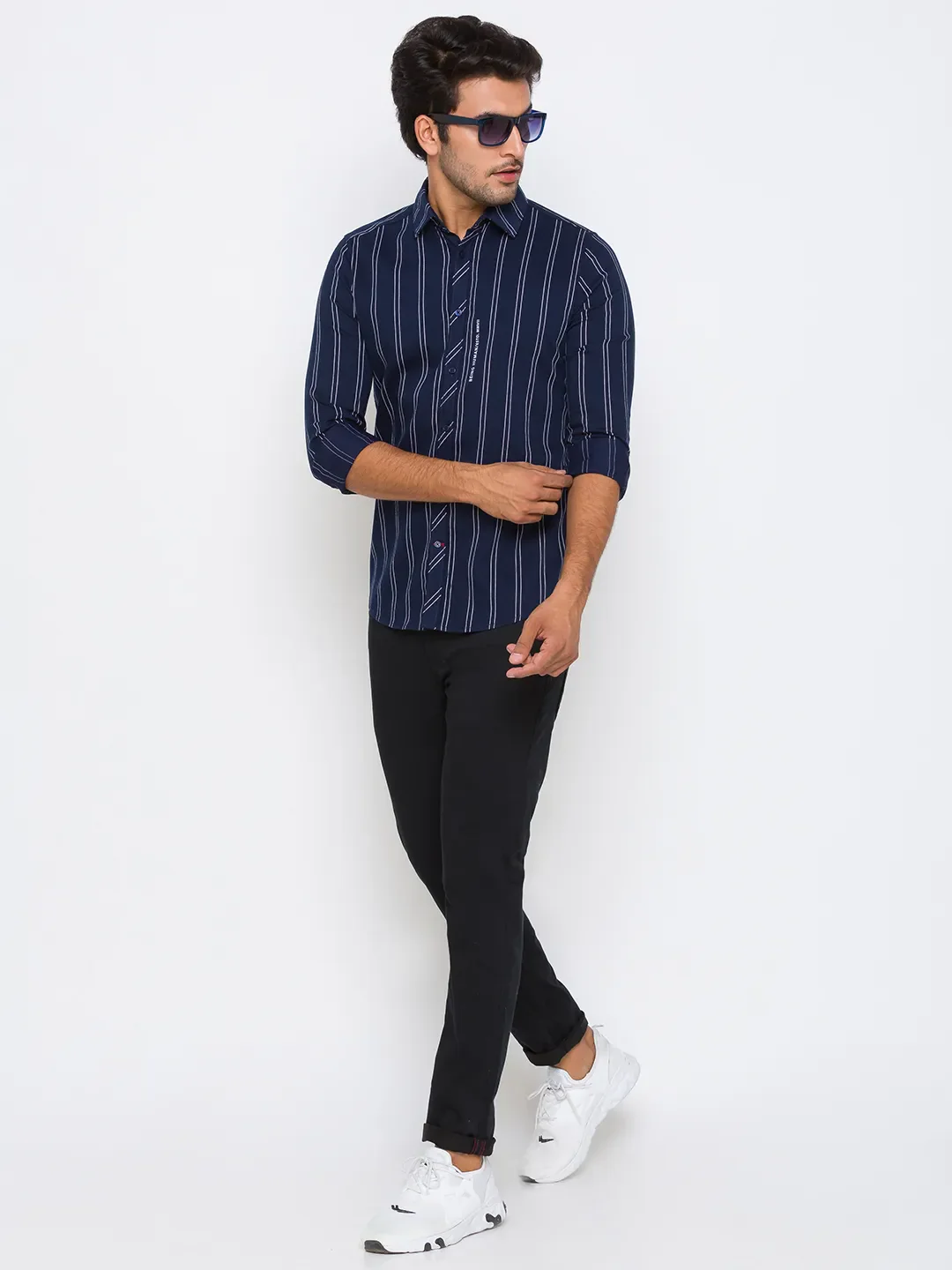 Blue Slim Straight Fit Regular Collar Long Sleeves Cotton Men's Shirt by Being Human Clothing - Image 5