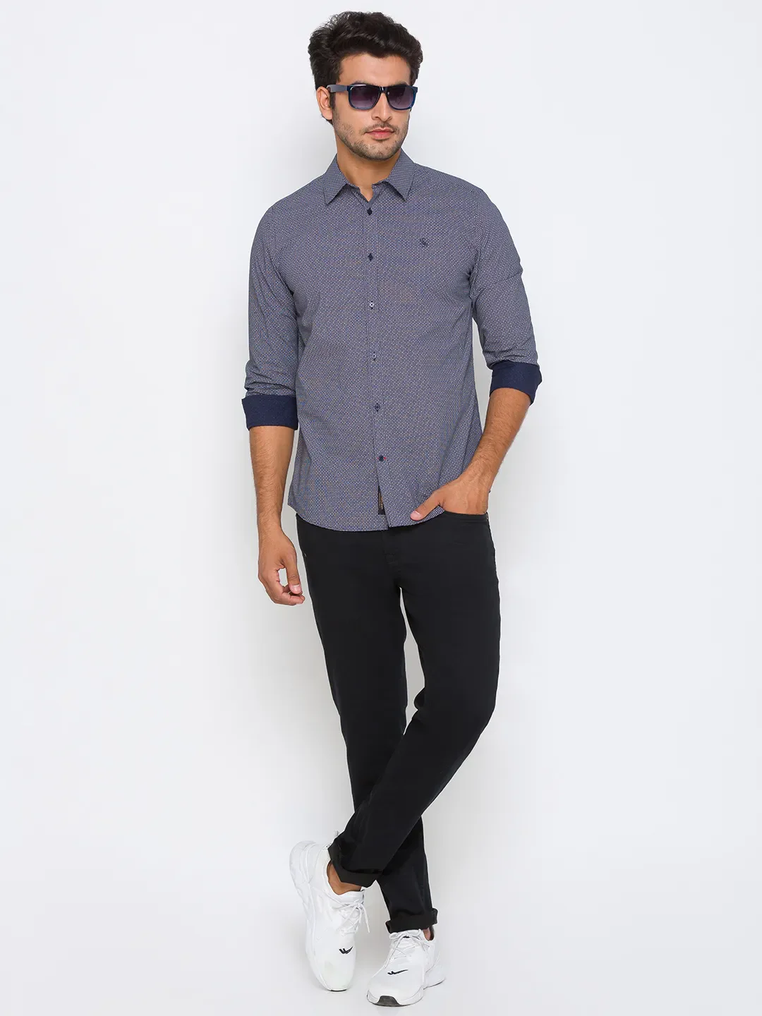 Blue Slim Straight Fit Regular Collar Long Sleeves Cotton Men's Shirt by Being Human Clothing - Image 5