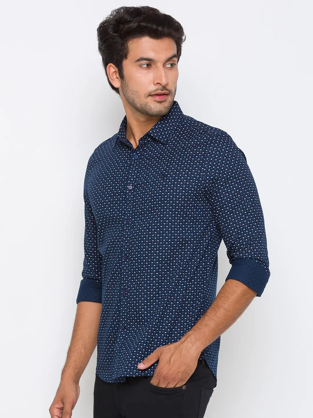 Blue Slim Straight Fit Regular Collar Long Sleeves Cotton Men's Shirt by Being Human Clothing - Image 2