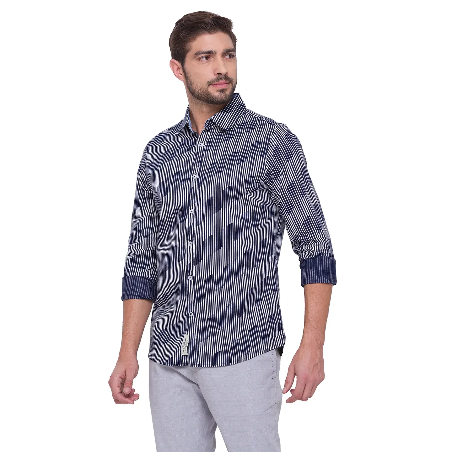 Blue Slim Straight Fit Regular Collar Long Sleeves Cotton Men's Shirt by Being Human Clothing - Image 3