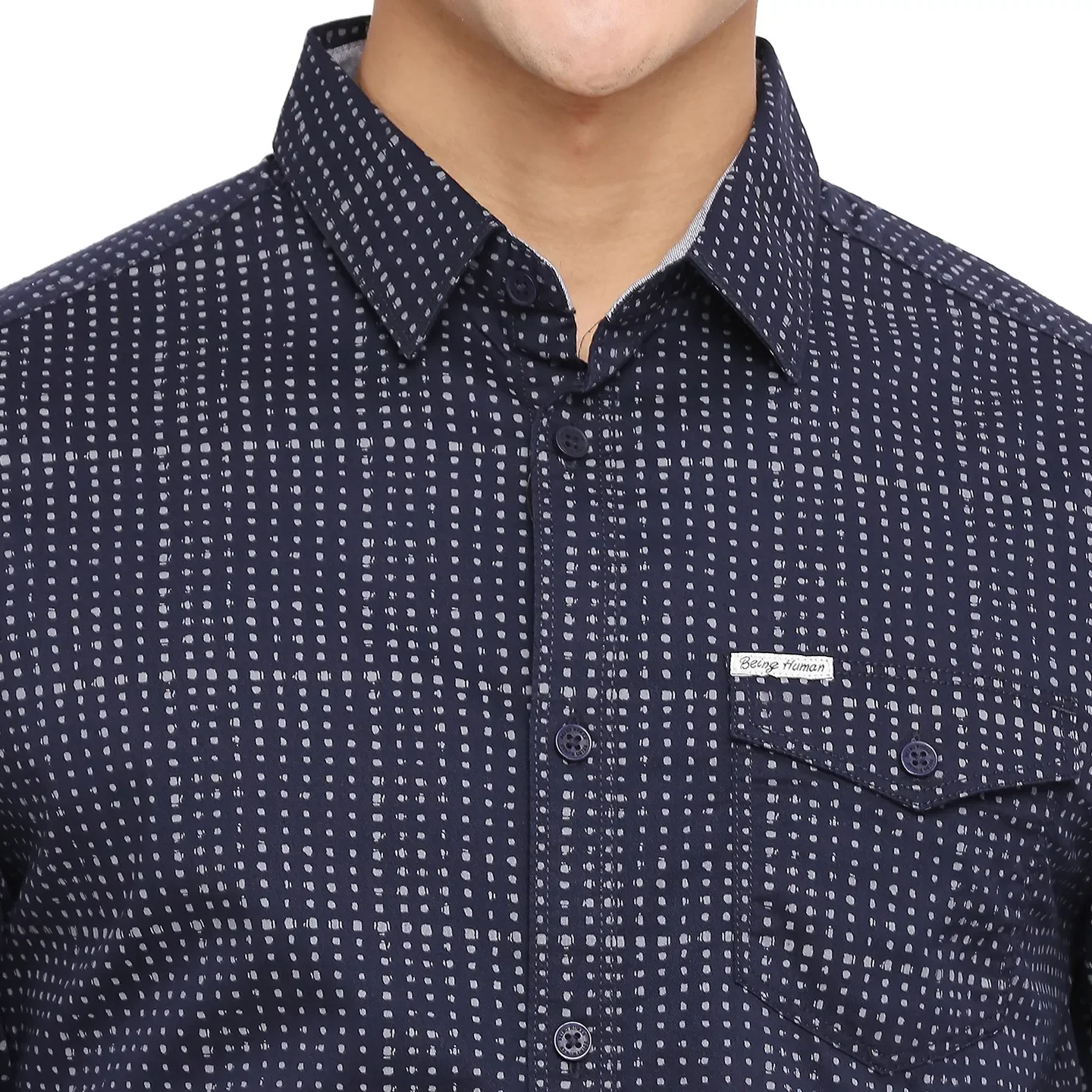 Blue Slim Straight Fit Regular Collar Long Sleeves Cotton Men's Shirt by Being Human Clothing - Image 5