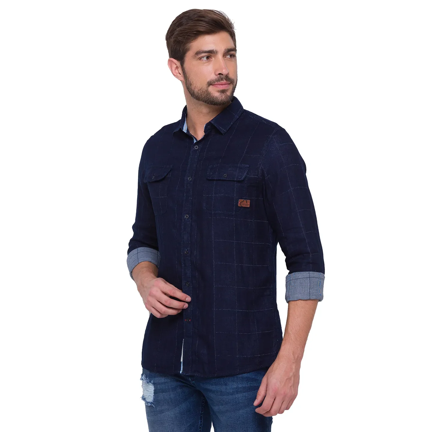 Blue Slim Straight Fit Regular Collar Long Sleeves Cotton Men's Shirt by Being Human Clothing - Image 2