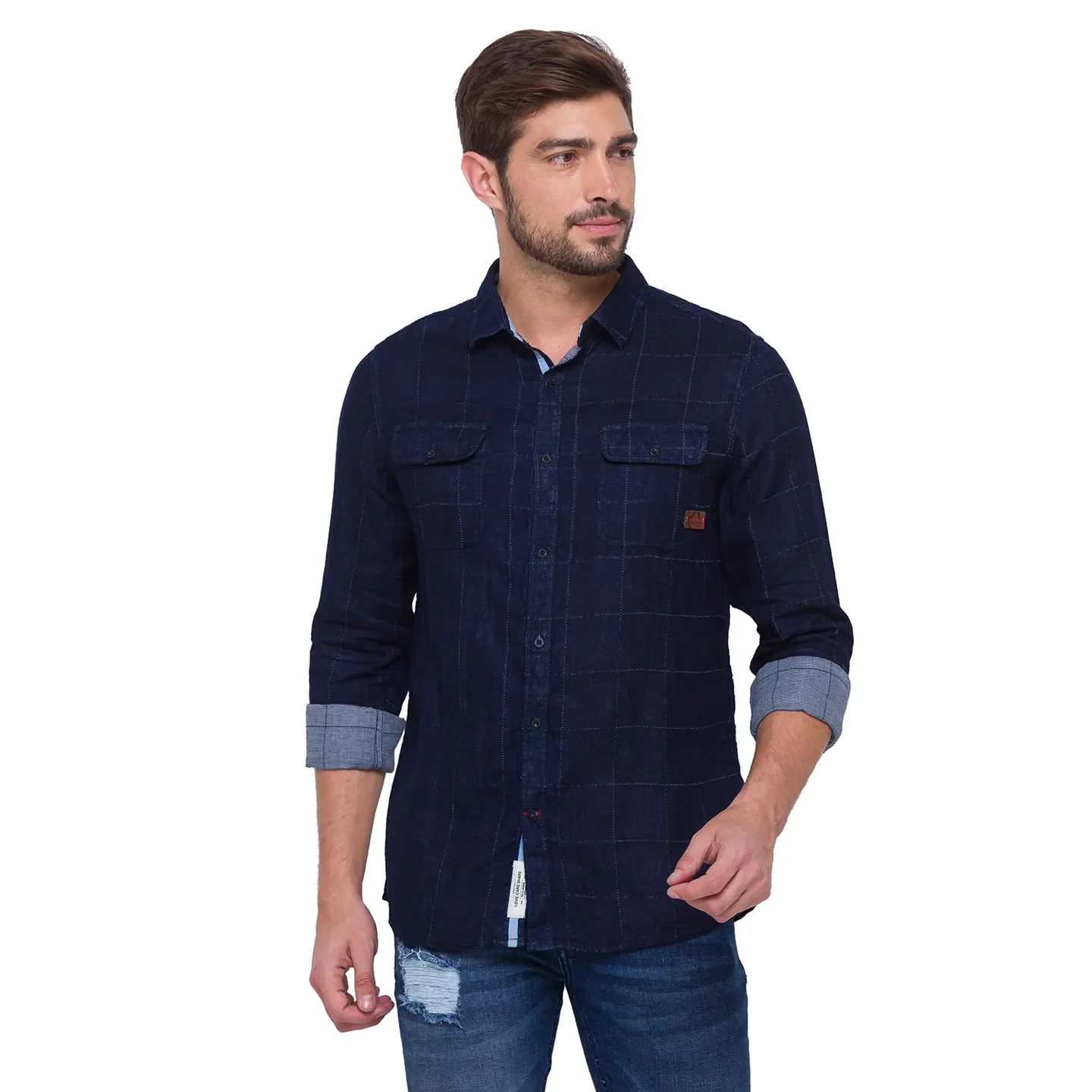 Blue Slim Straight Fit Regular Collar Long Sleeves Cotton Men's Shirt by Being Human Clothing - Image 5