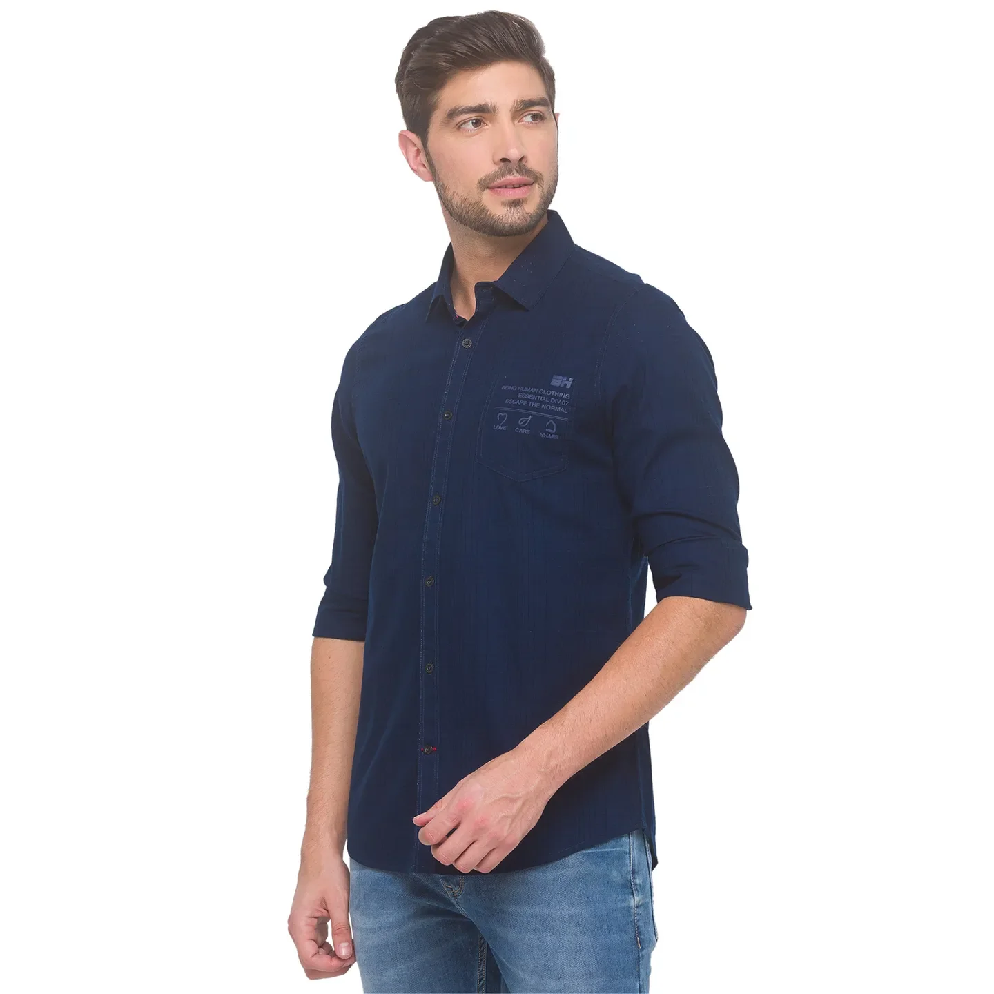 Blue Slim Straight Fit Regular Collar Long Sleeves Cotton Men's Shirt by Being Human Clothing