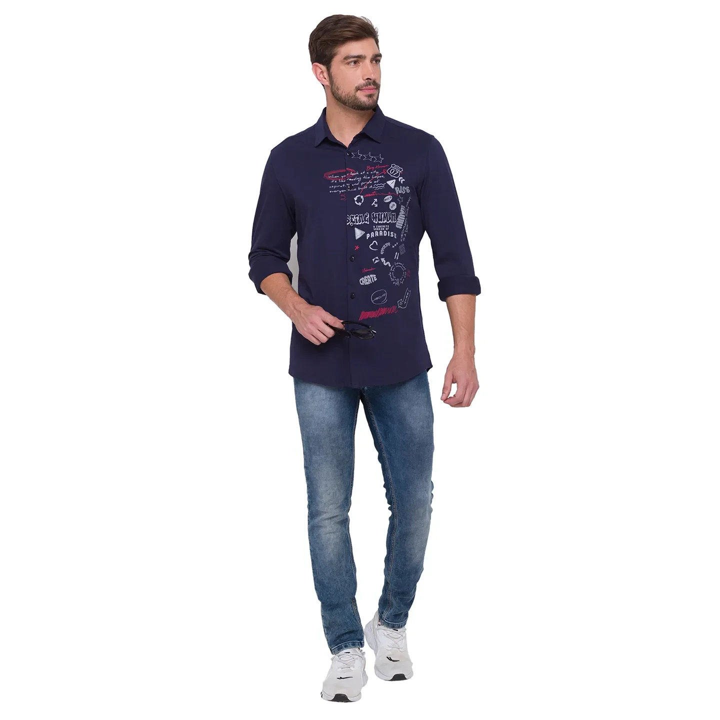 Blue Slim Straight Fit Regular Collar Long Sleeves Cotton Men's Shirt by Being Human Clothing - Image 2