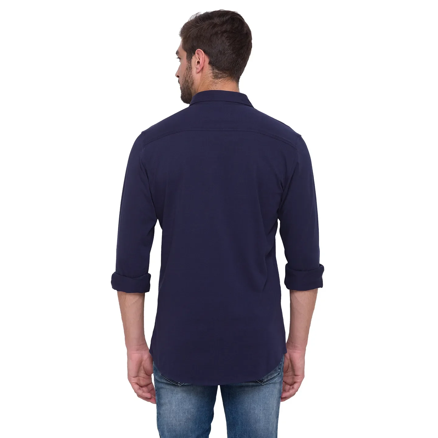 Blue Slim Straight Fit Regular Collar Long Sleeves Cotton Men's Shirt by Being Human Clothing - Image 3