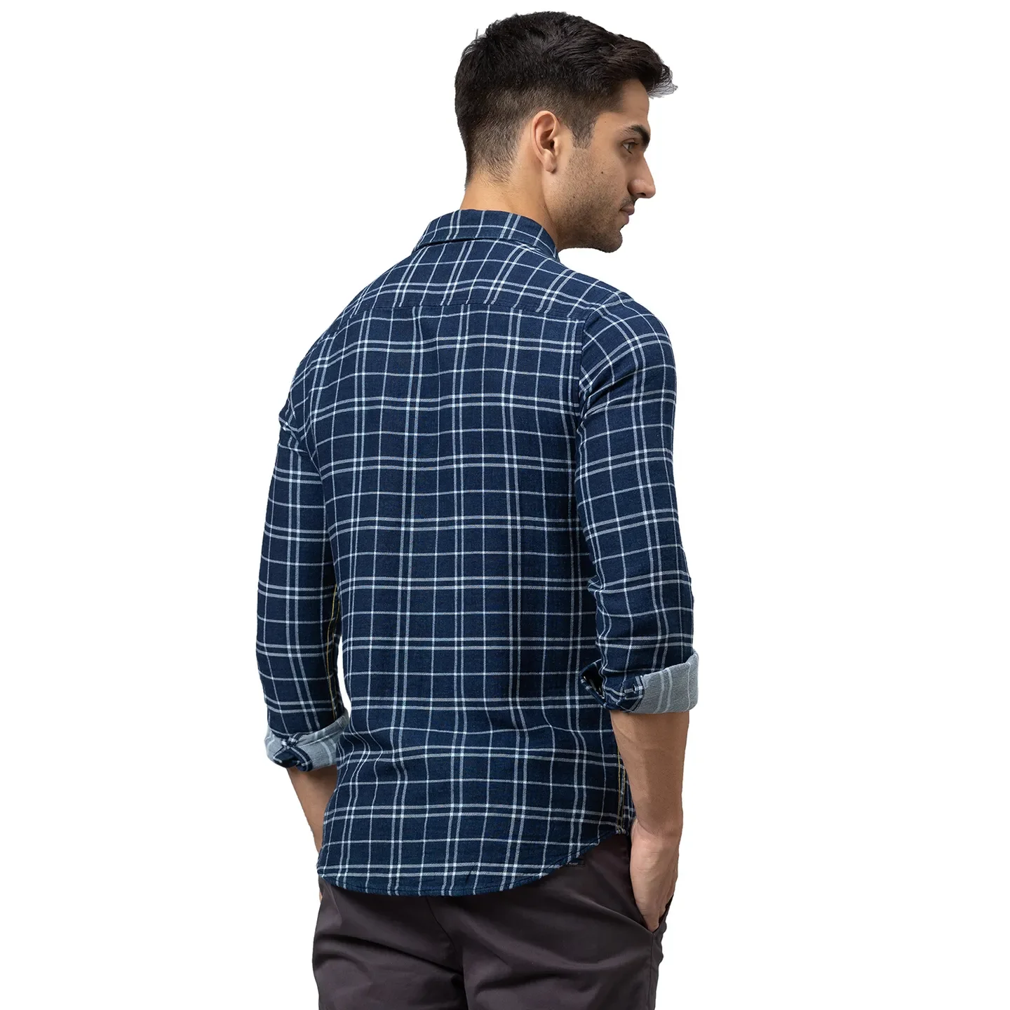 Blue Slim Straight Fit Regular Collar Long Sleeves Cotton Men's Shirt by Being Human Clothing - Image 3