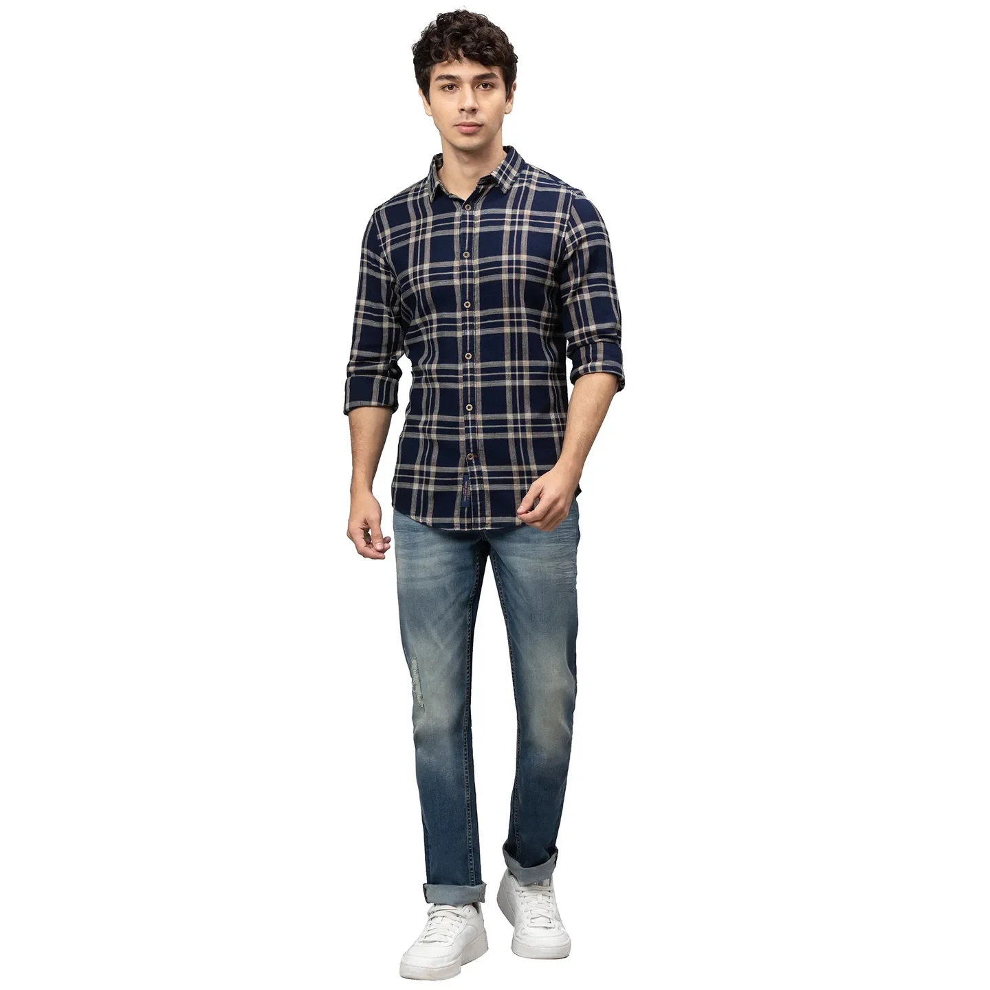 Blue Slim Straight Fit Regular Collar Long Sleeves Cotton Men's Shirt by Being Human Clothing - Image 2