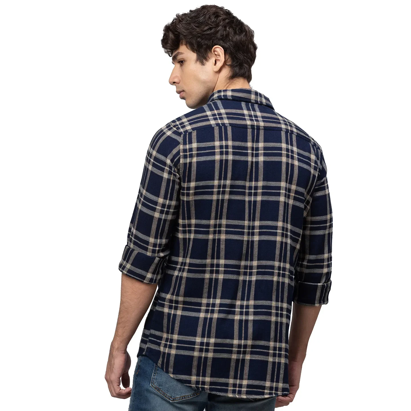 Blue Slim Straight Fit Regular Collar Long Sleeves Cotton Men's Shirt by Being Human Clothing - Image 3
