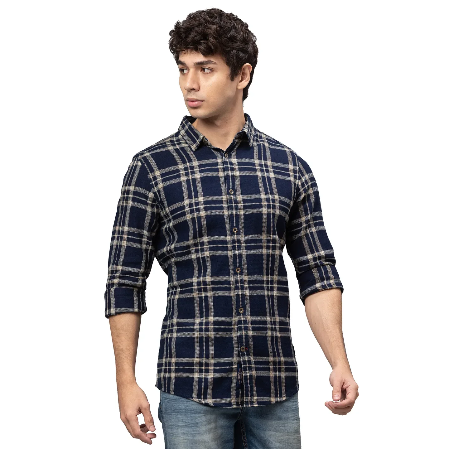 Blue Slim Straight Fit Regular Collar Long Sleeves Cotton Men's Shirt by Being Human Clothing - Image 4