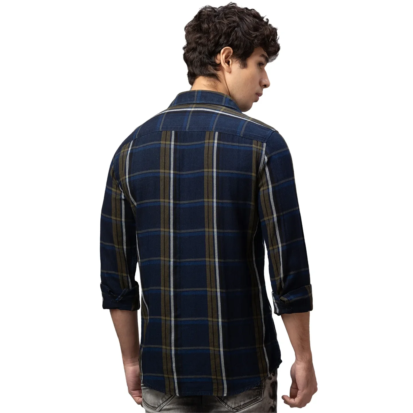 Blue Slim Straight Fit Regular Collar Long Sleeves Cotton Men's Shirt by Being Human Clothing - Image 3