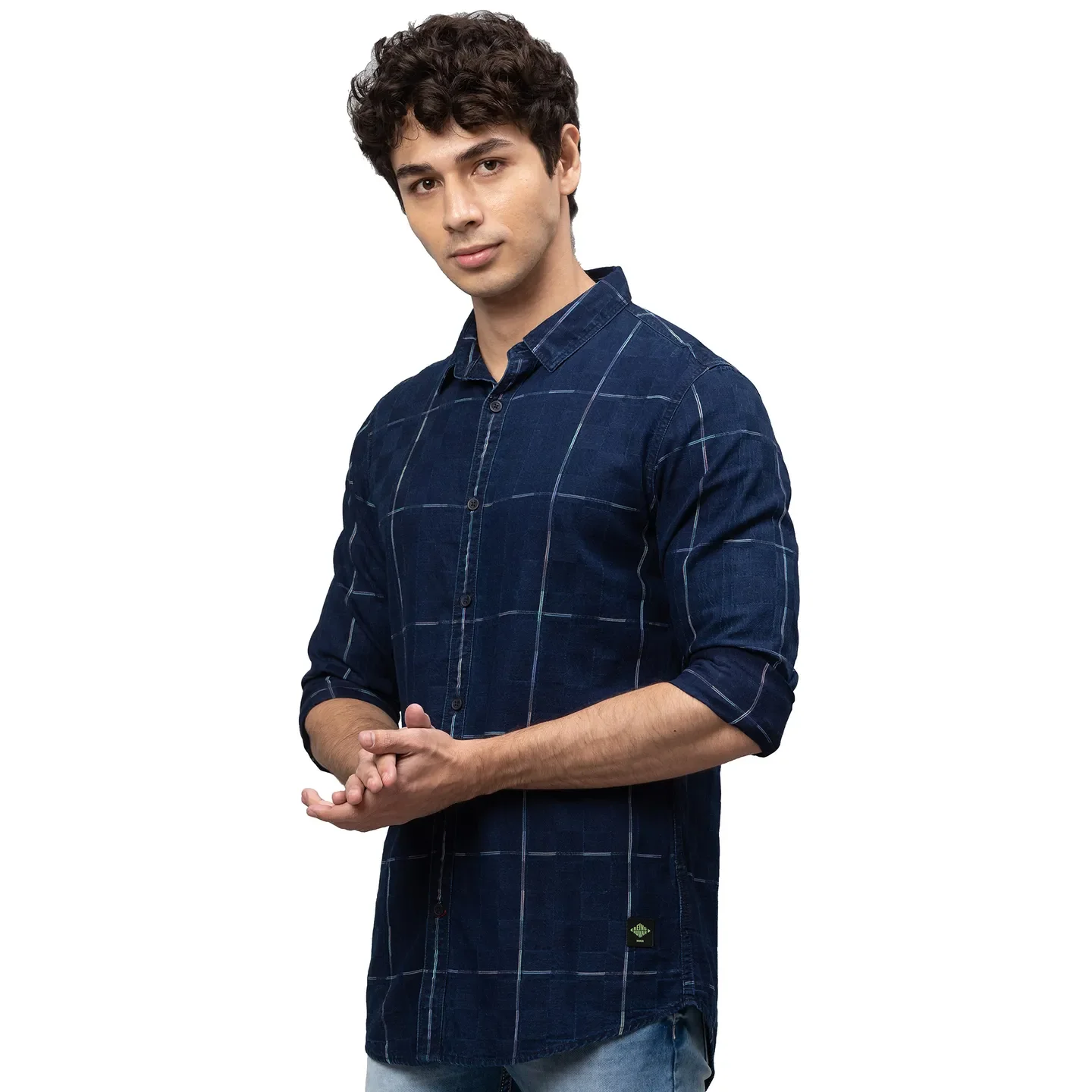 Blue Slim Straight Fit Regular Collar Long Sleeves Cotton Men's Shirt by Being Human Clothing - Image 4