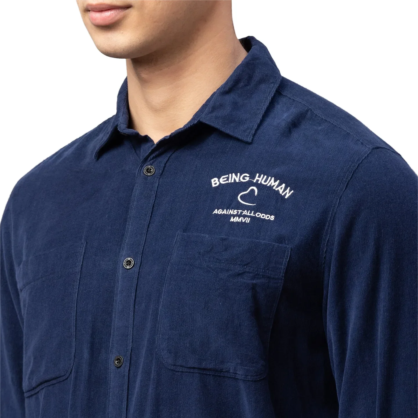 Blue Slim Straight Fit Regular Collar Long Sleeves Cotton Men's Shirt by Being Human Clothing - Image 5