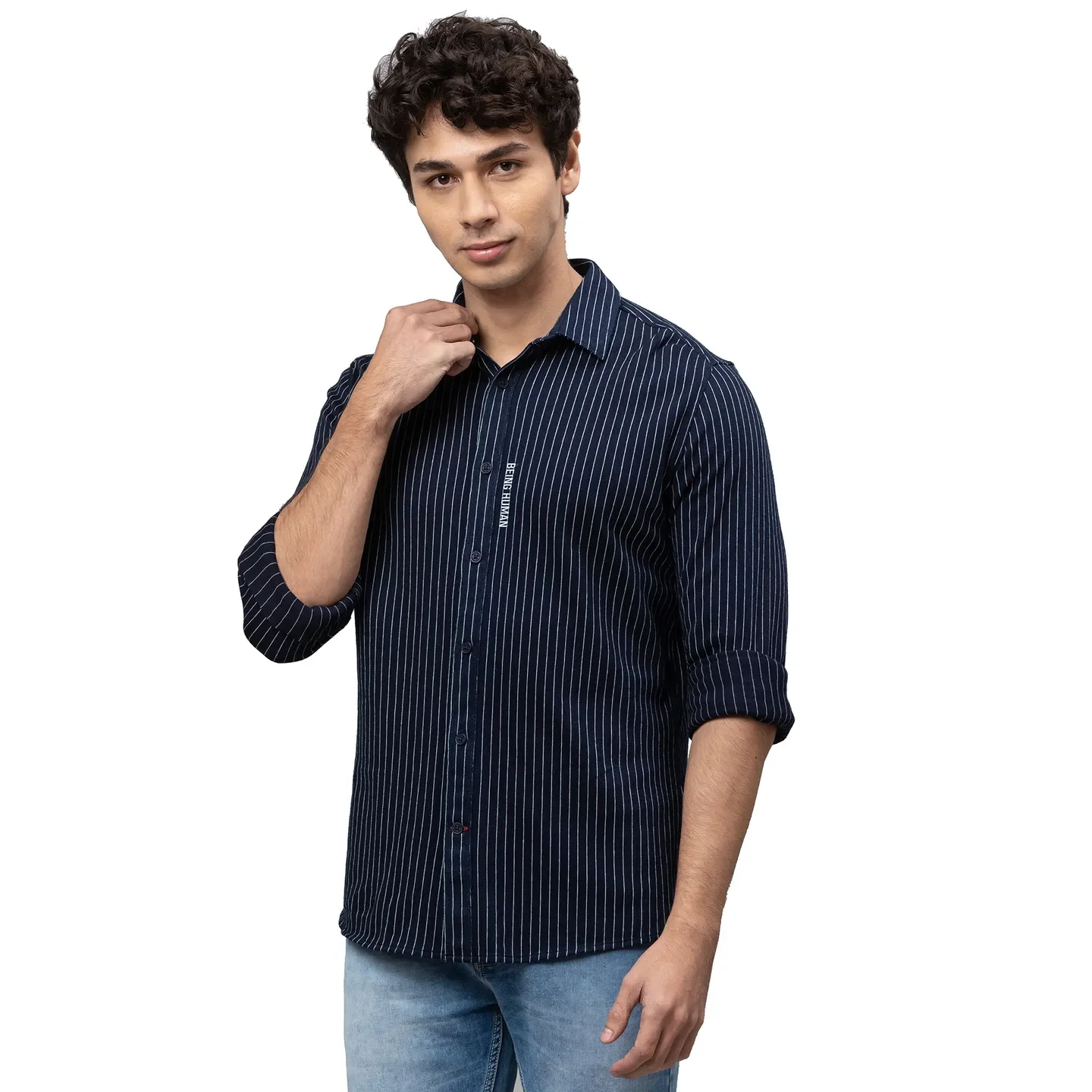 Blue Slim Straight Fit Regular Collar Long Sleeves Cotton Men's Shirt by Being Human Clothing