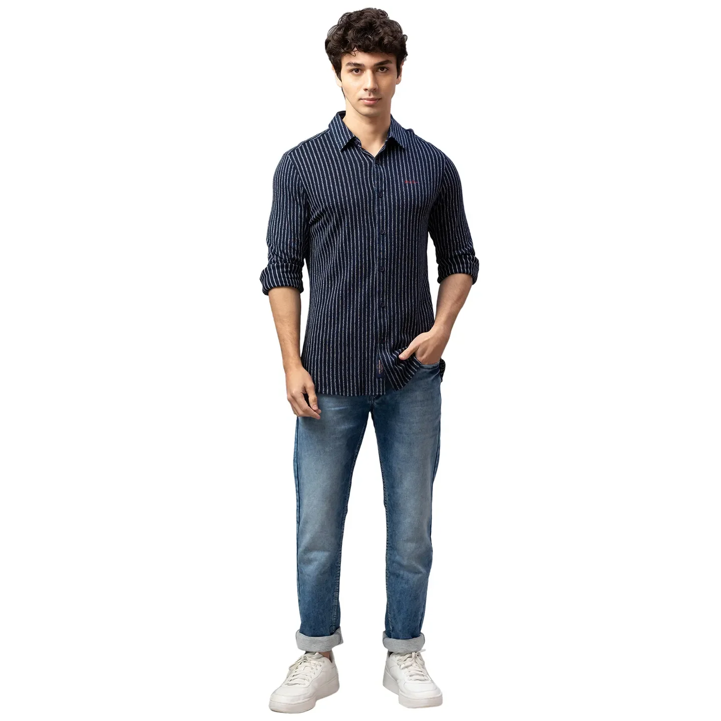 Blue Slim Straight Fit Regular Collar Long Sleeves Cotton Men's Shirt by Being Human Clothing - Image 2