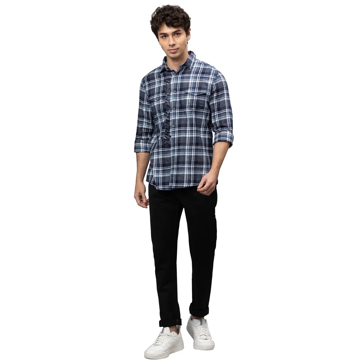 Blue Slim Straight Fit Regular Collar Long Sleeves Cotton Men's Shirt by Being Human Clothing - Image 2