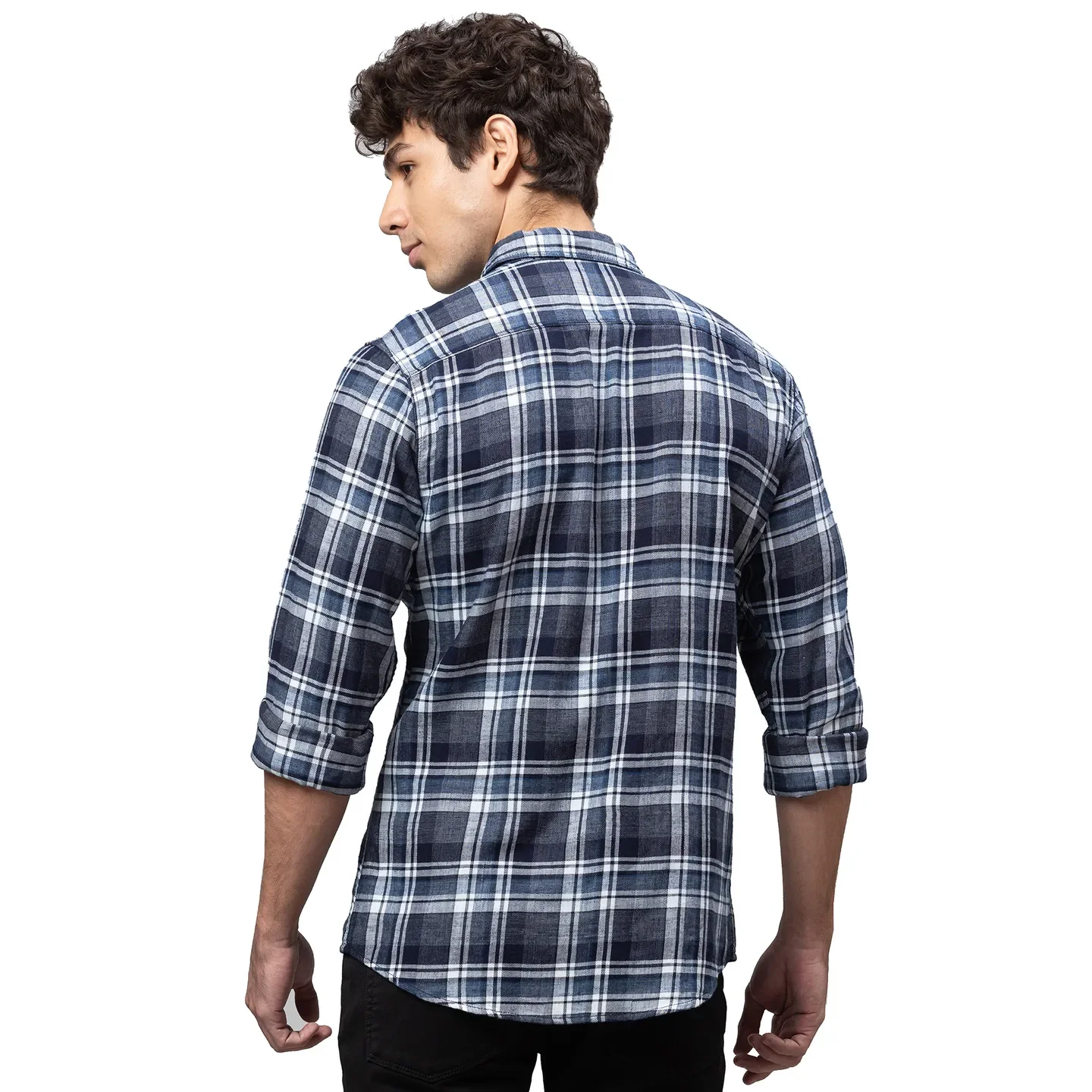 Blue Slim Straight Fit Regular Collar Long Sleeves Cotton Men's Shirt by Being Human Clothing - Image 3