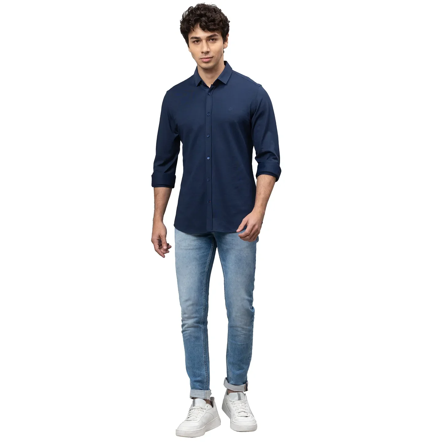 Blue Slim Straight Fit Regular Collar Long Sleeves Cotton Men's Shirt by Being Human Clothing - Image 2