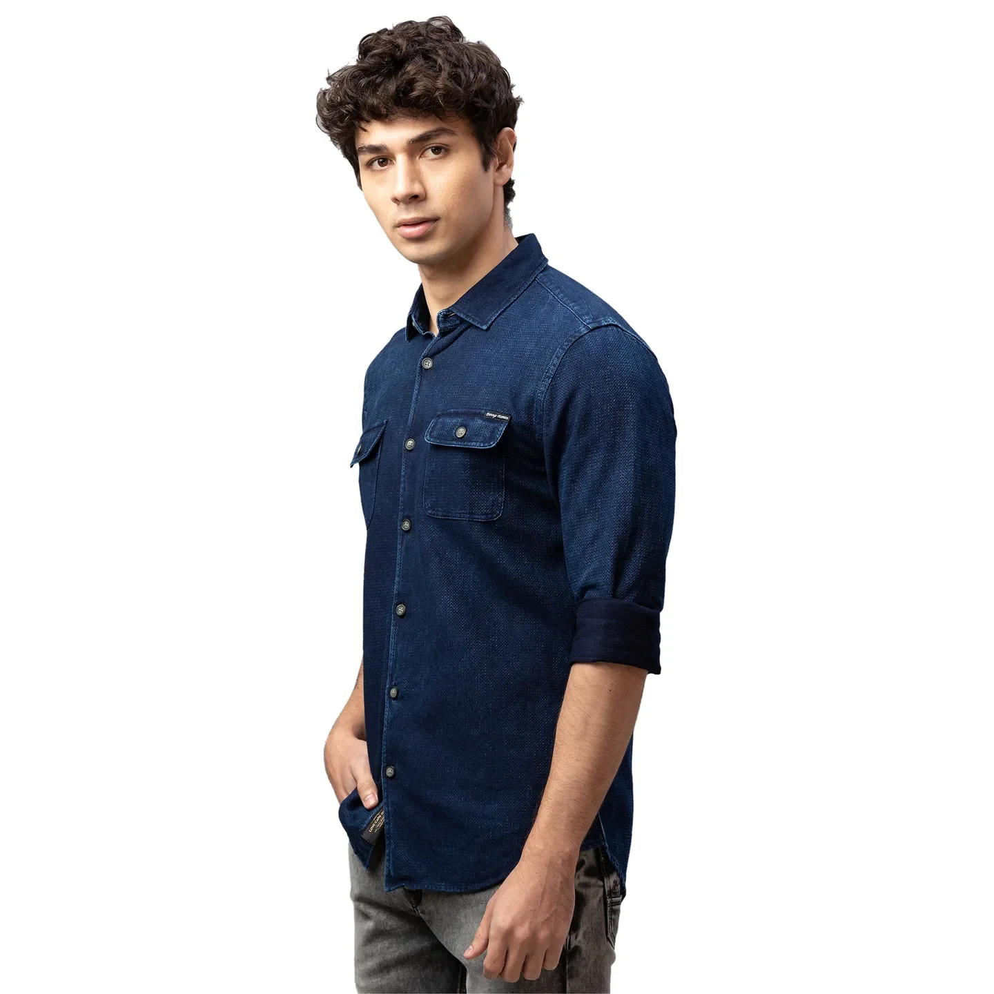 Blue Slim Straight Fit Regular Collar Long Sleeves Cotton Men's Shirt by Being Human Clothing - Image 4