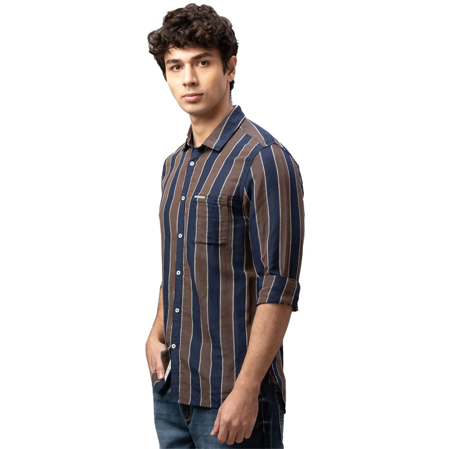 Blue Slim Straight Fit Regular Collar Long Sleeves Cotton Men's Shirt by Being Human Clothing - Image 4