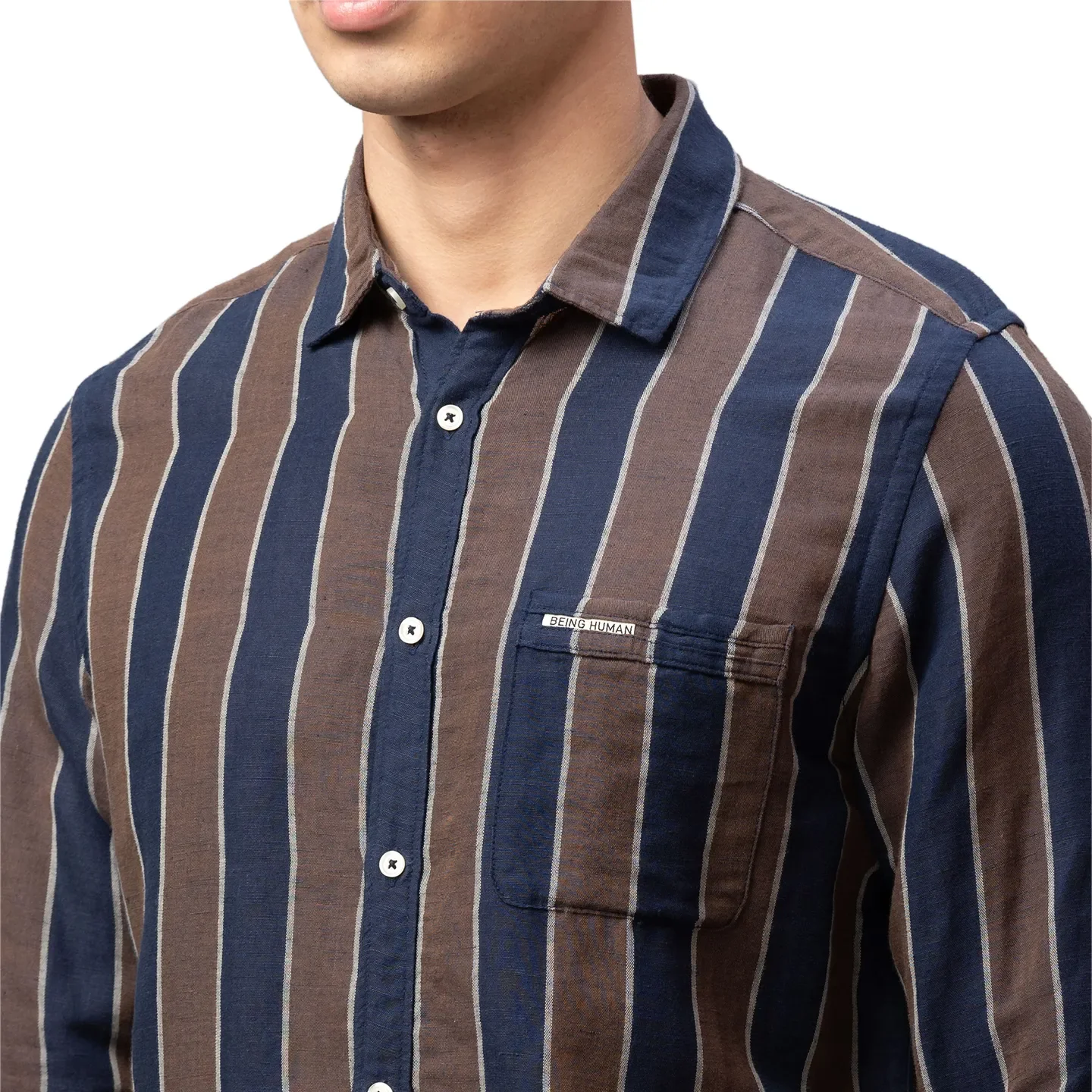 Blue Slim Straight Fit Regular Collar Long Sleeves Cotton Men's Shirt by Being Human Clothing - Image 5