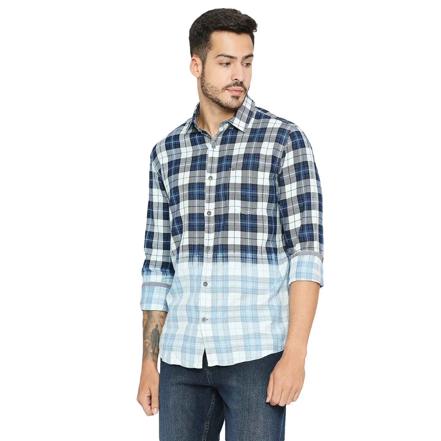 Blue Slim Straight Fit Regular Collar Long Sleeves Cotton Men's Shirt by Being Human Clothing - Image 2