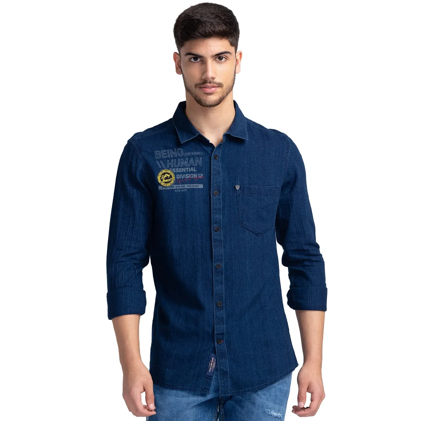 Blue Slim Straight Fit Regular Collar Long Sleeves Cotton Men's Shirt by Being Human Clothing