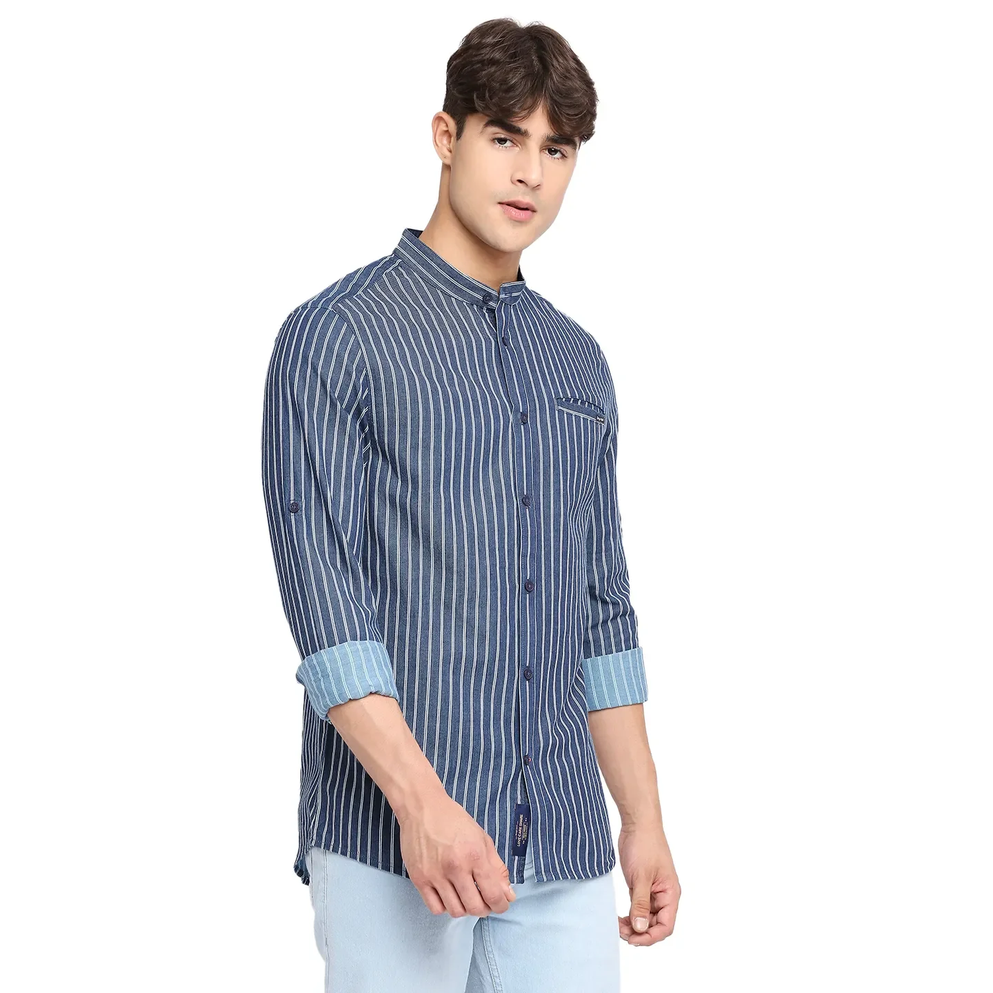 Blue Slim Straight Fit Regular Collar Long Sleeves Cotton Men's Shirt by Being Human Clothing - Image 3