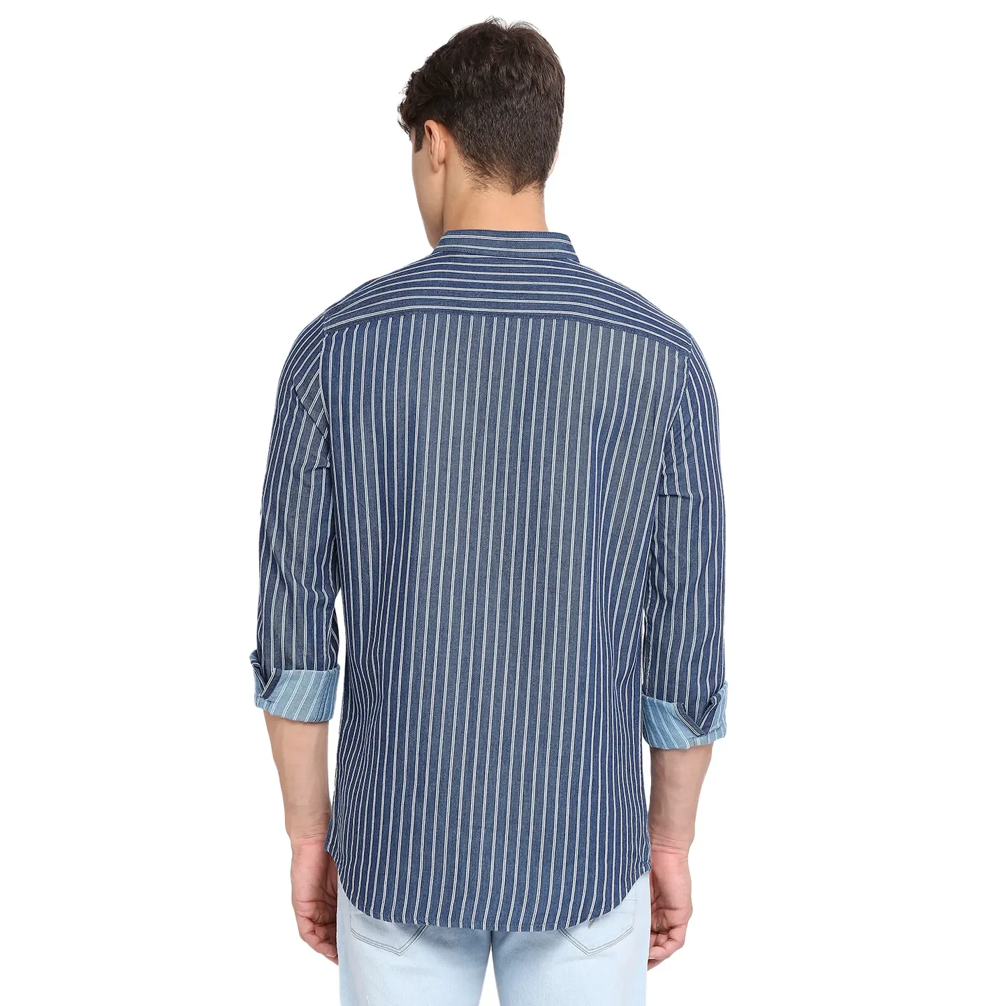 Blue Slim Straight Fit Regular Collar Long Sleeves Cotton Men's Shirt by Being Human Clothing - Image 4