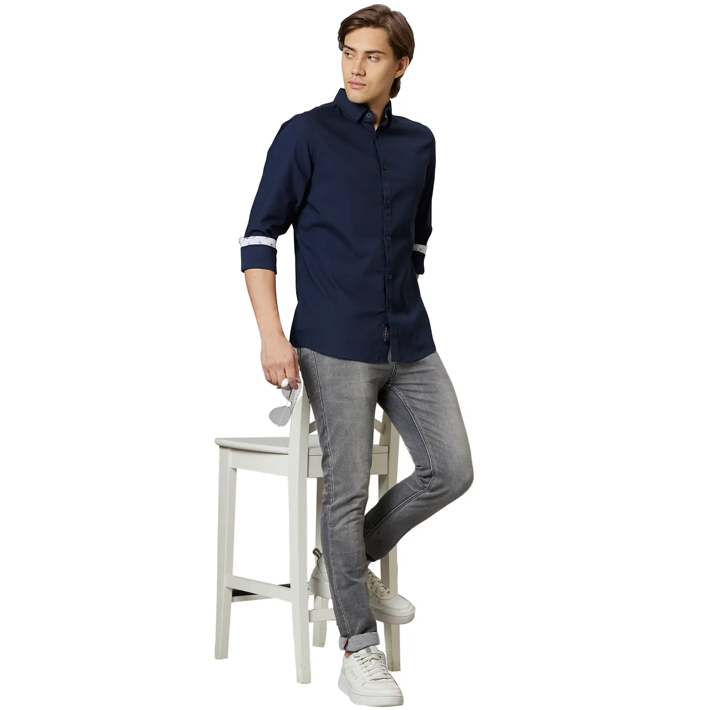 Blue Slim Straight Fit Regular Collar Long Sleeves Cotton Men's Shirt by Being Human Clothing - Image 5